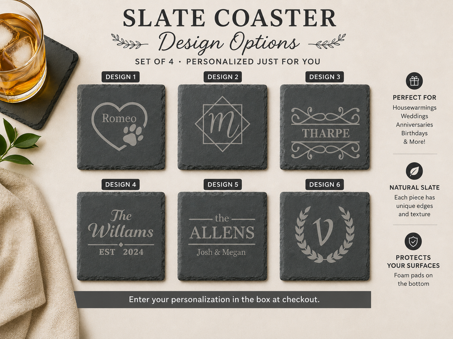 Personalized Natural Slate Coasters (Set of 4)
