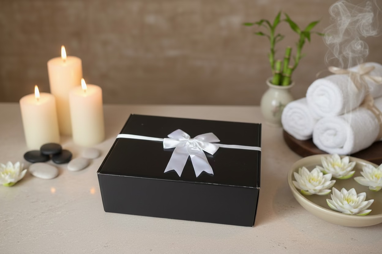 Black gift box with a white ribbon 